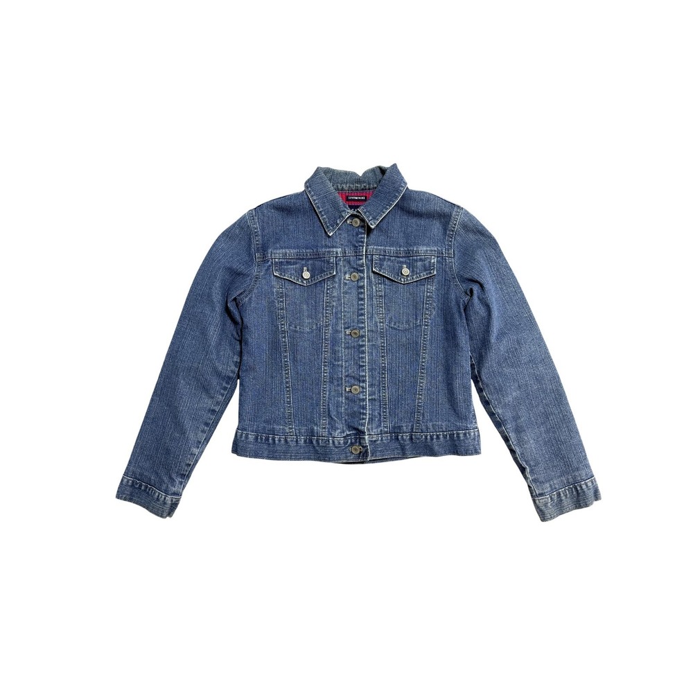 Vintage Gap Kids Denim Jacket Youth XXL 14-16 Blue Rainbow Stripe Knit Lined Y2K
